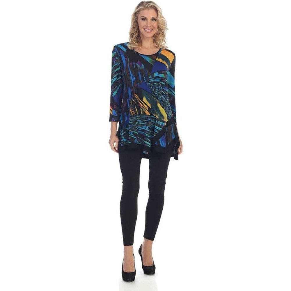 Caribe Jewel Geometric Swing Tunic with Black Trim 2X